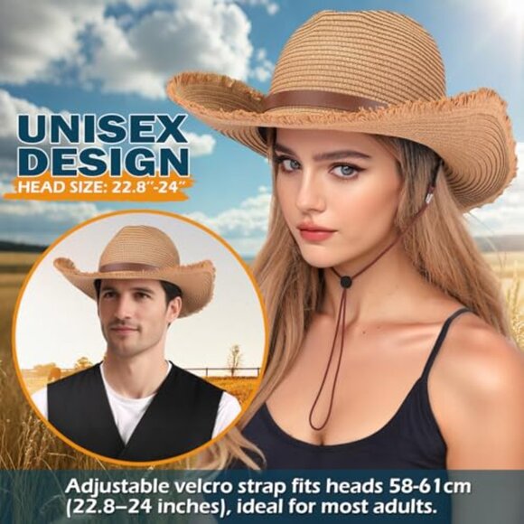 Adjustable Straw Cowboy Hat Shapeable Wide Brim Sun Hat Detachable Chin Strap main image 5